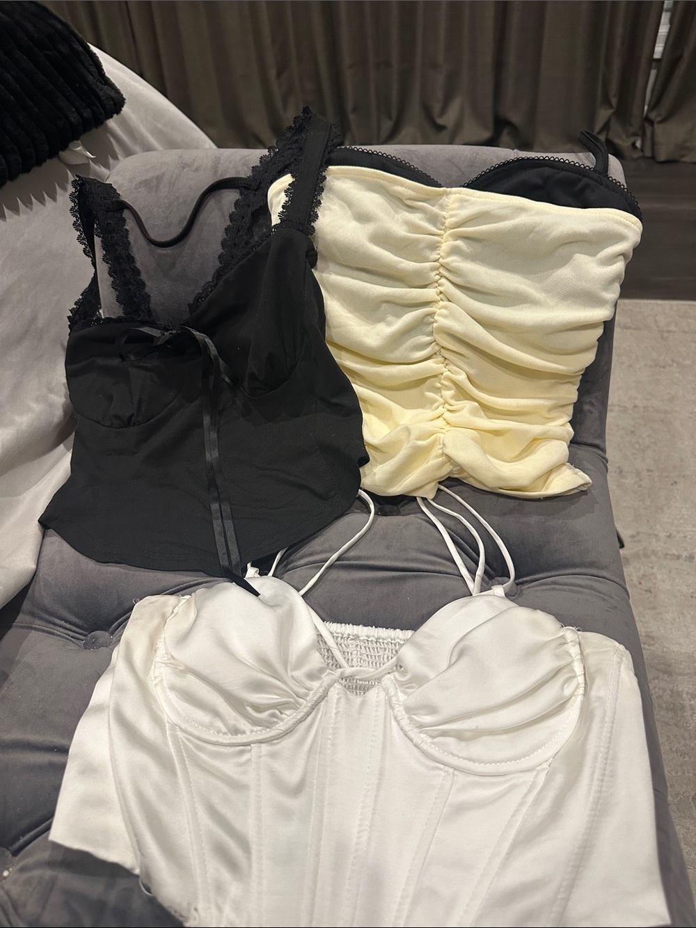 Women's Going Out Ruched tank  Top and Lace Bustier Set - Black, Cream, White-Sm